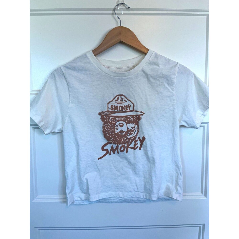 Smokey The Bear Graphic Cropped Baby Shirt Womens L White Mighty Fine Ranger Y2K